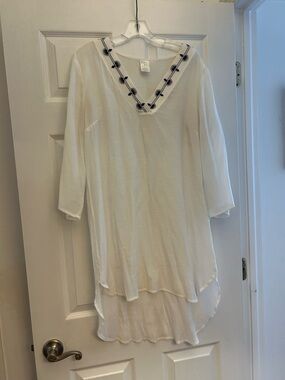 White beach/bathing suit  cover up with Navy Embroidered V-Neck